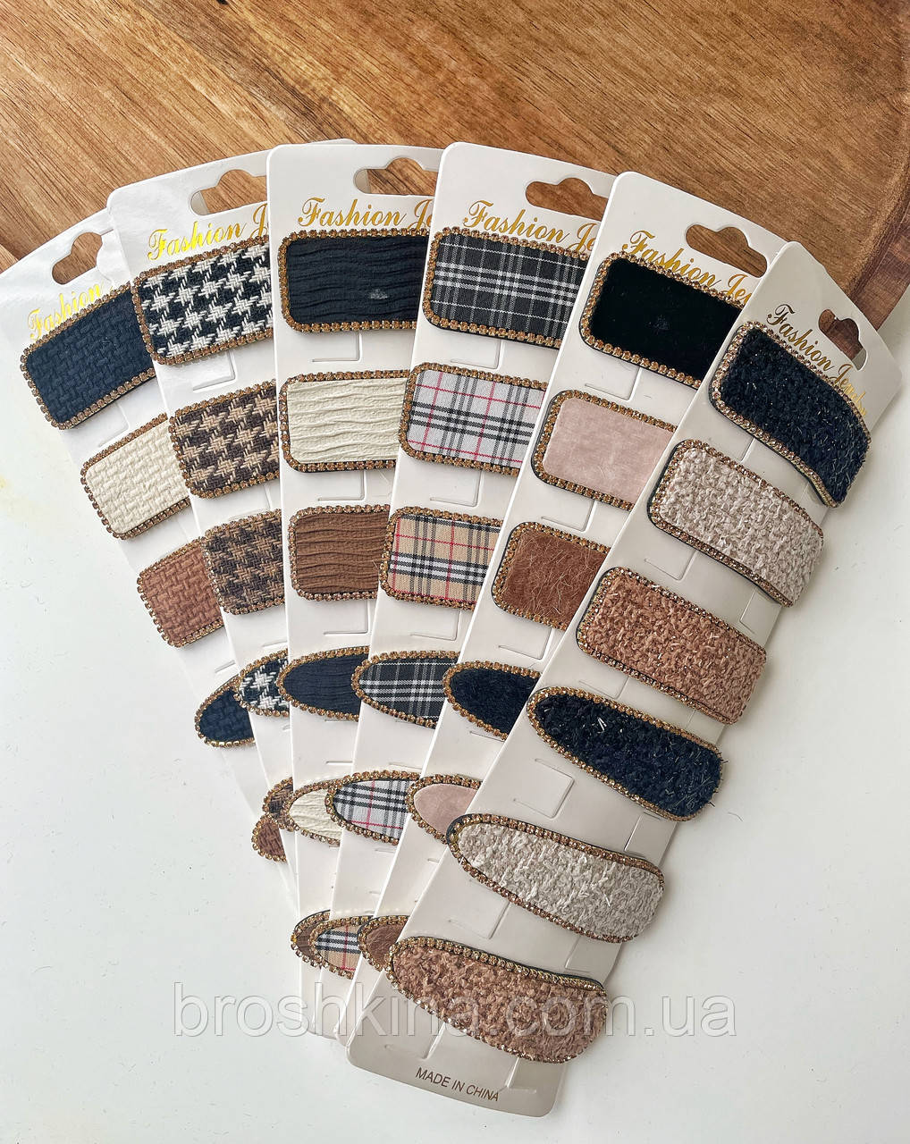 Заколки тік-так гуртом 6.5*2.5 см 6 наборів/уп ТКАНИНА СТРАЗИ, фото 1