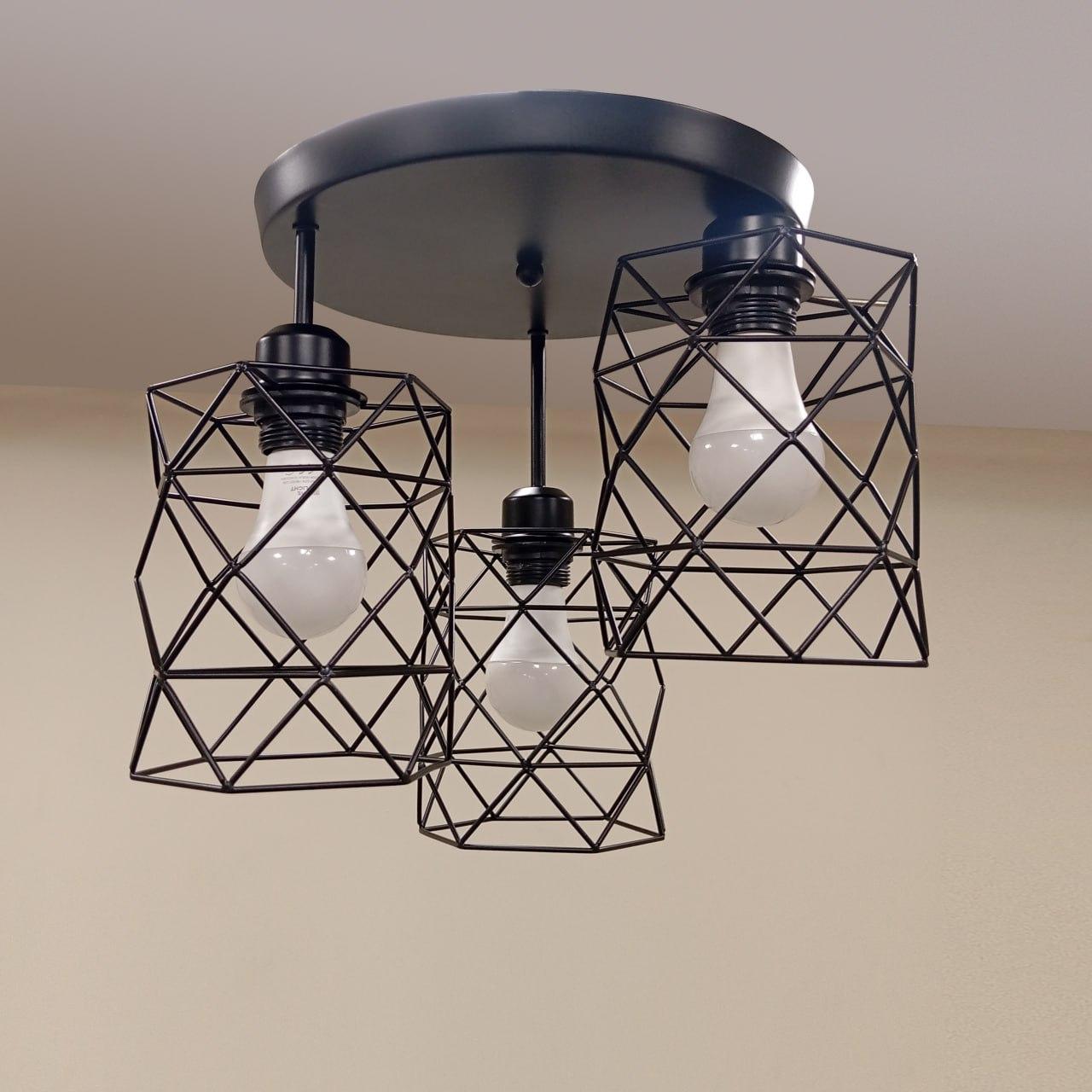 Чорна стельова люстра на 3 плафони "Industrial Cage Light" (56-HPR105F-3 BK+BK (300))