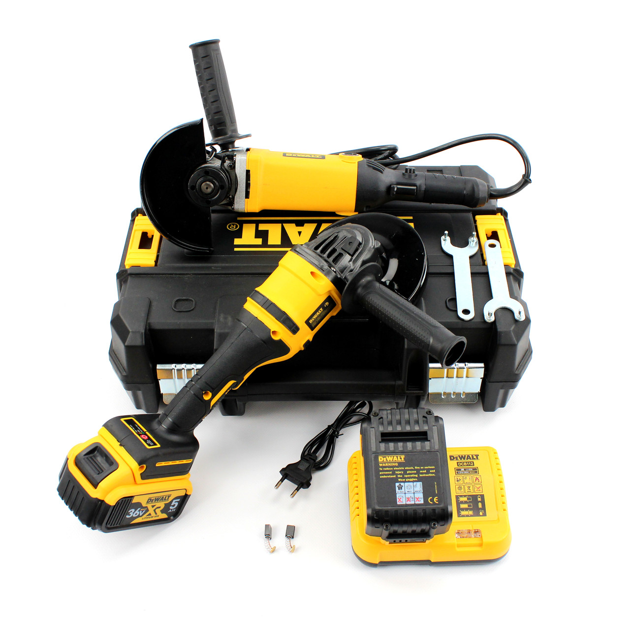 Набір 2в1 DeWalt (АКБ болгарка DCG405 (36V, 5AH) + Мережева болгарка DWE8110S (Ø125мм)) Набір 2в1 Деволт