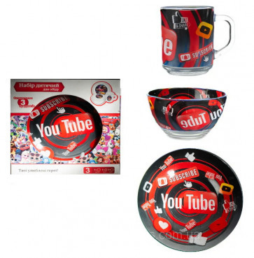Набір дитячий 3 предмети "Ютюб" тарілка, чашка, піала A9551/57, фото 1