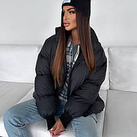 Черная теплая зимняя куртка пуховик с большими секциями и высоким воротником стойкой (пуффер), 42-46