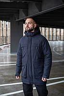 Парка стильна якісна утеплена чоловіча красива зимова парка чоловіча подовжена із захистом від вітру