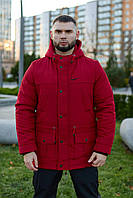 Куртка-парка чоловіча зимова подовжена куртка Nike до -30°C утеплена з капюшоном водостійка парка червоного кольору