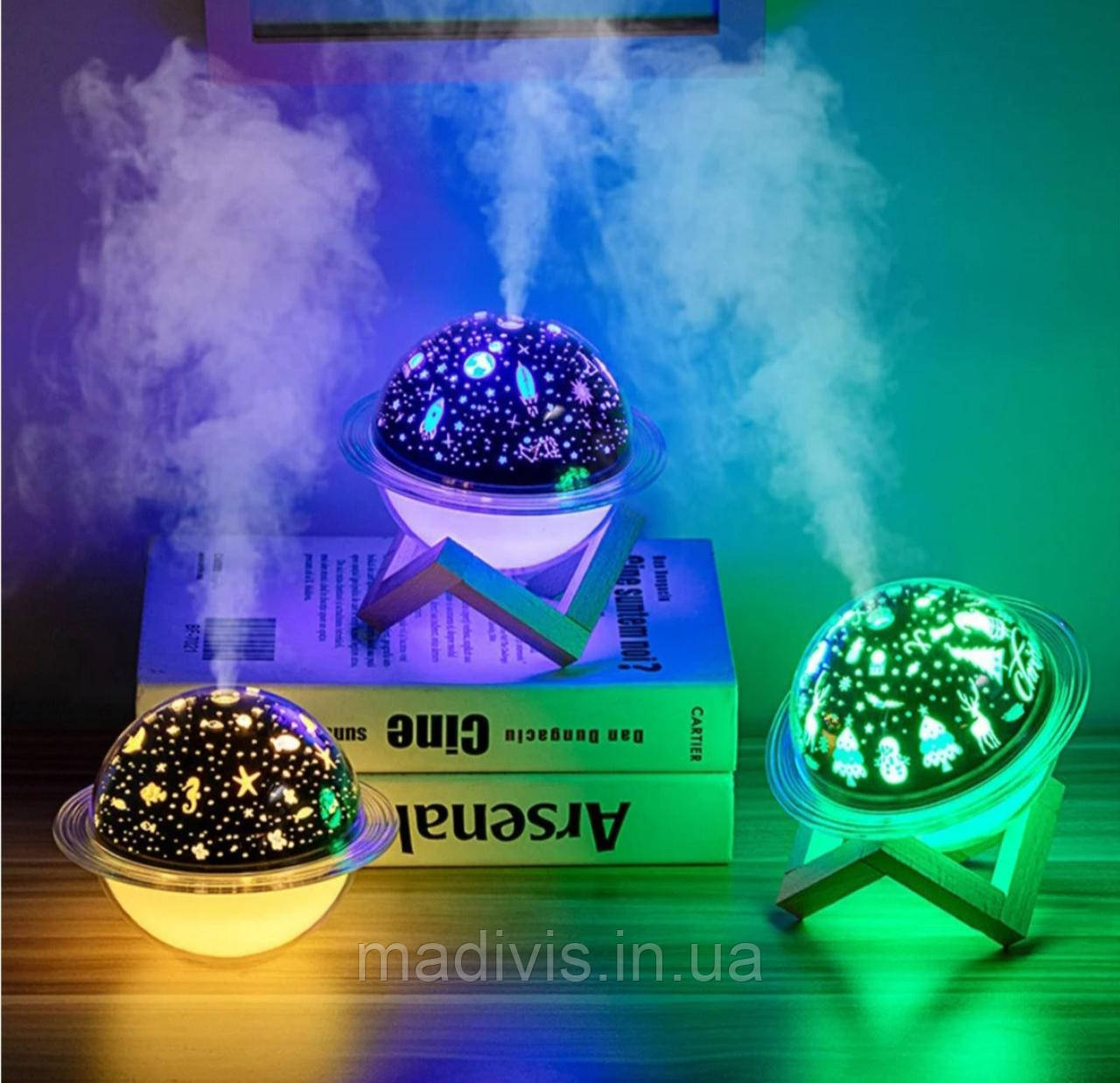Зволожувач повітря та нічник 2 в 1 з новорічною LED проєкцією PROJECTOR HUMIDIFIER, дерев'яна стійка, фото 1