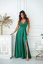 Вечірня зелена атласна сукня максі з розрізом, фото 7