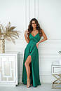 Вечірня зелена атласна сукня максі з розрізом, фото 3
