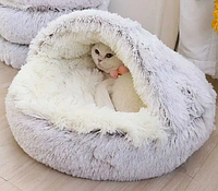 Хутряний теплий Будиночок Лежанка для котів та собак з покривалом Пухнаста глибока будиночок - мушля з капюшоном 65 см