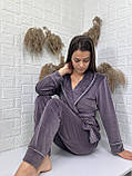 Велюровий домашній комплект з шалевим комірцем ( кімоно та штани) у кольорі капучино, фото 2