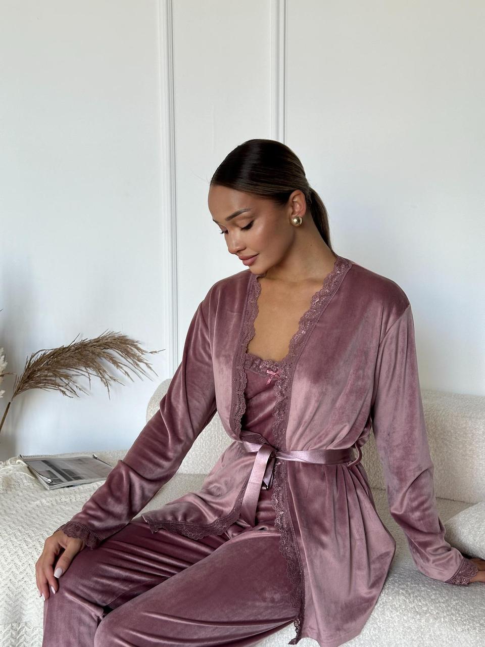 Комплект домашній ВЕЛЮРОВИЙ 3-ка S-3XL жакет, штани, майка ПУДРА ТУРЦІЯ PJ5545/3, фото 1