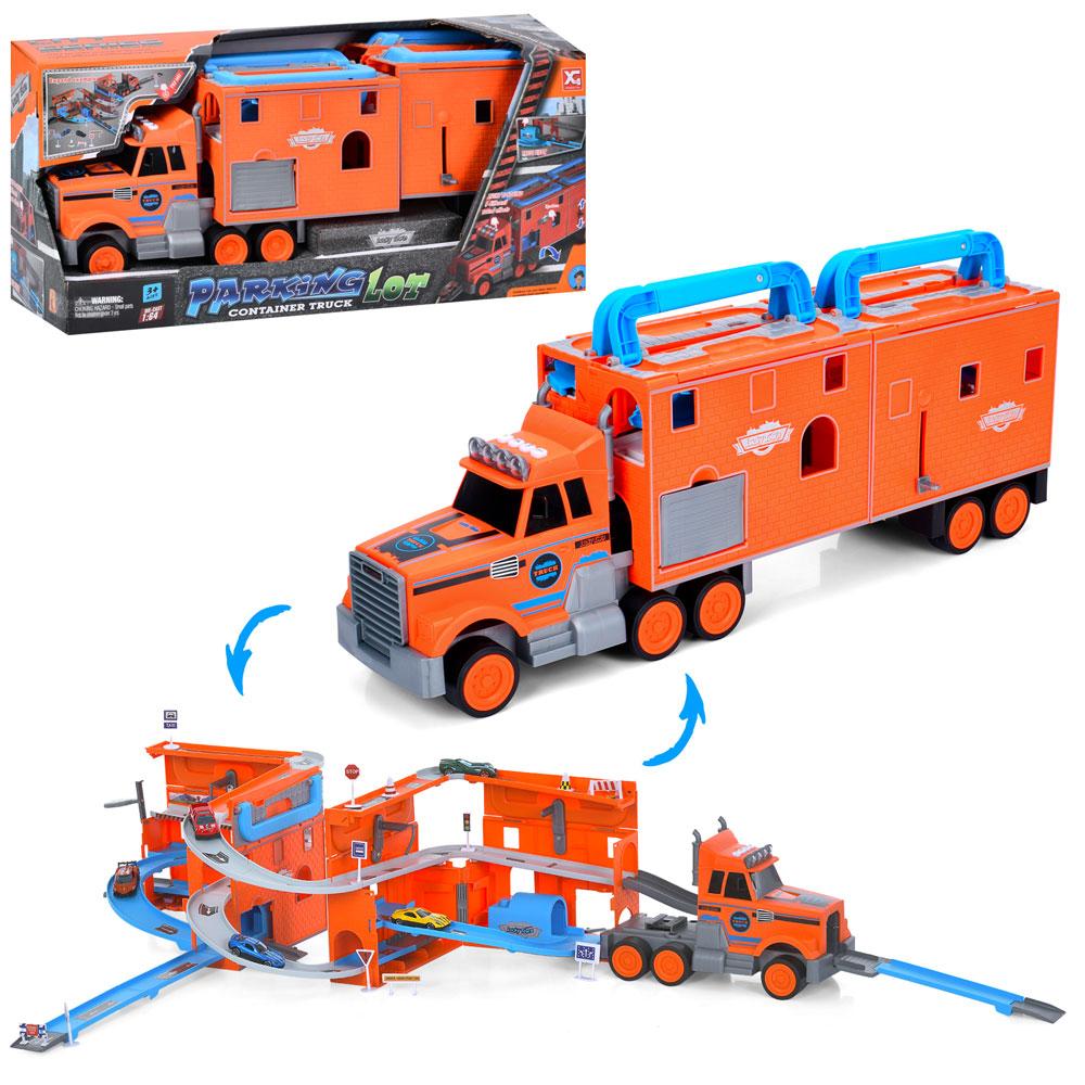 Гараж XG879-123 2в1 (трейлер), транспорт,1:64, дорож.знаки,муз.,світло,бат.(табл.),кор.,61-26-18,5см, фото 1