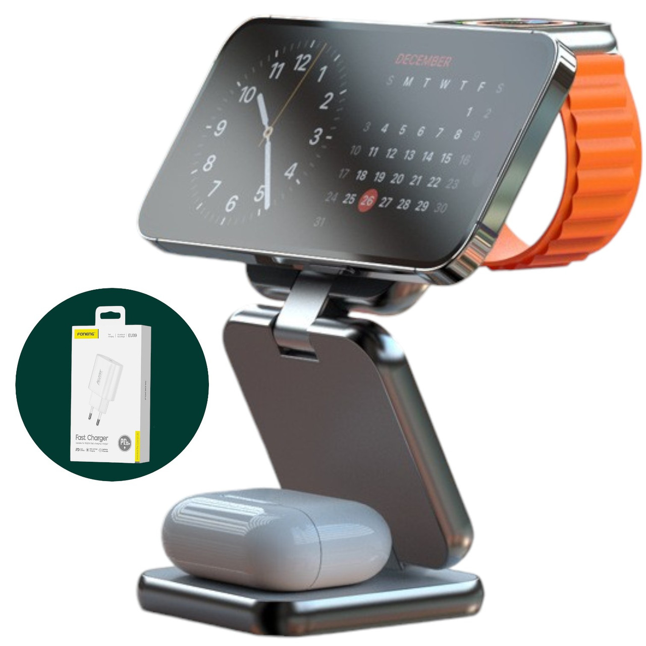 Алюмінієва складна магнітна магнітна бездротова зарядка 3 в 1 QINETIQ S21 23W для Apple iPhone 12-15 Apple watch Airpods, фото 1