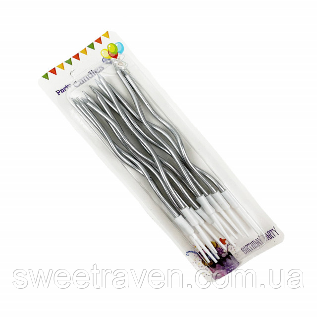 Набір свічок для торта кручених (срібло) - 12 шт., фото 1