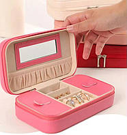 Футляр для прикрас із дзеркалом з екошкіри на блискавці 18 см х 10 см х 5,5 см Рожевий