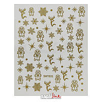 Наклейки для дизайна ногтей Nail Art Sticker SW-T031 Gold-BE Рождество Новый год золотистые