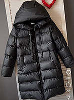 Стильна стьобана зимова куртка на дівчинку підлітка дитяче чорне подовжене пальто плащівка синтепон 10-13