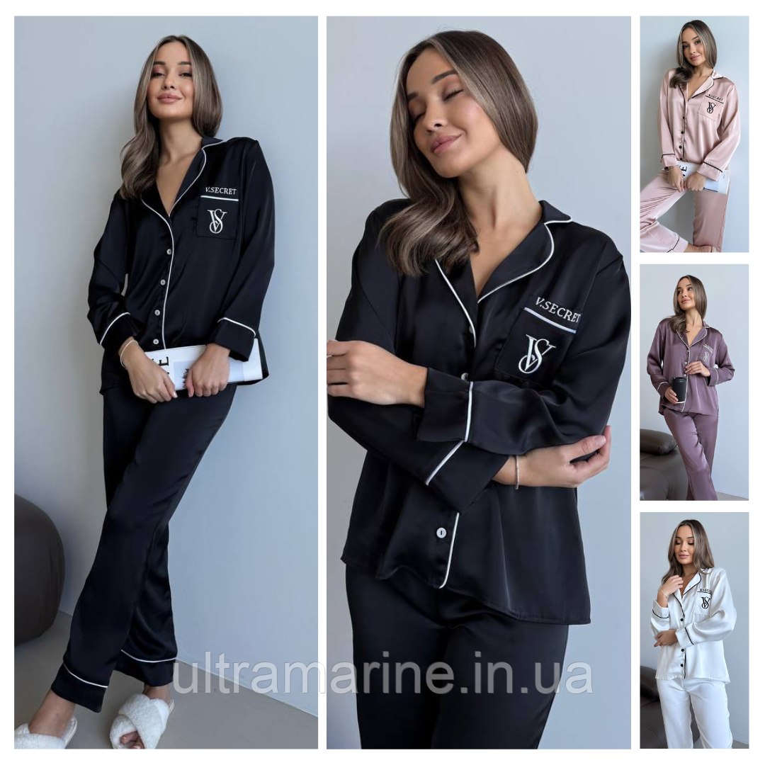 Жіноча шовкова піжама Victoria's Secret чорна Вікторія Сікрет