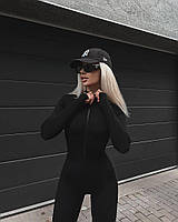 Комбінезон жіночий на блискавці з рукавами, Комбез для фітнесу з воротом стійка. Чорний, графіт