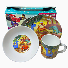 Набір дитячого посуду Динозаври 3 предмети склокераміка від 2х років