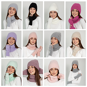 Комплект шапка і снуд жіночий з мітенками, Жіночі комплекти ангора, Жіночі в'язані шапки і комплекти