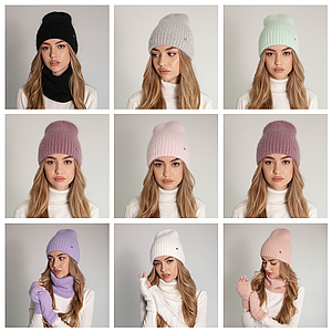 Однотонна зимова шапка жіноча, Модні жіночі шапки, Шапка-біні з ангори жіноча лате