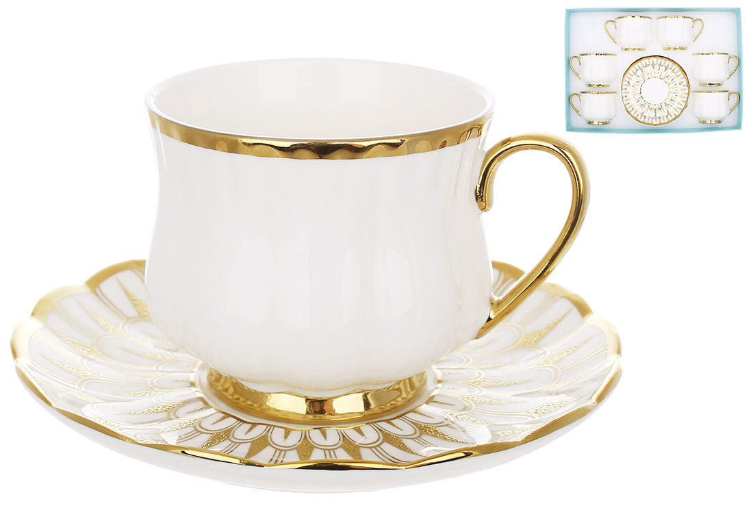Чайний порцеляновий набір Камелія: 6 чашок — 250 мл, 6 блюдець, колір — білий із золотом, фото 1