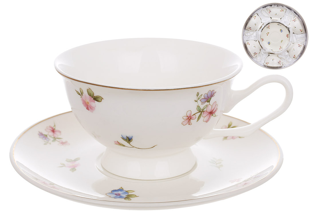 Чайний порцеляновий набір Лаура: 6 чашок — 180 мл, 6 блюдець, колір — білий із золотою облямівкою, фото 1