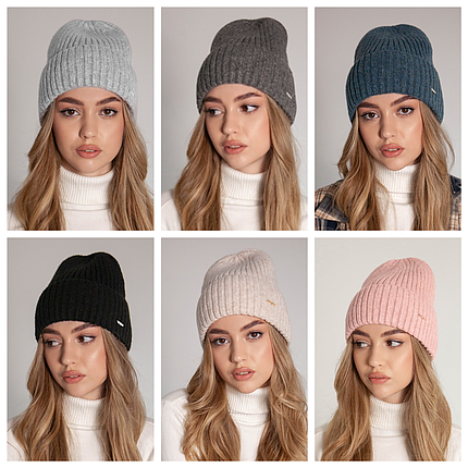 Шапка жіноча з мериносової вовни, Тепла шапка лопата, Шапка подвійною в'язкою, Шапки з вовни мериноса, фото 1