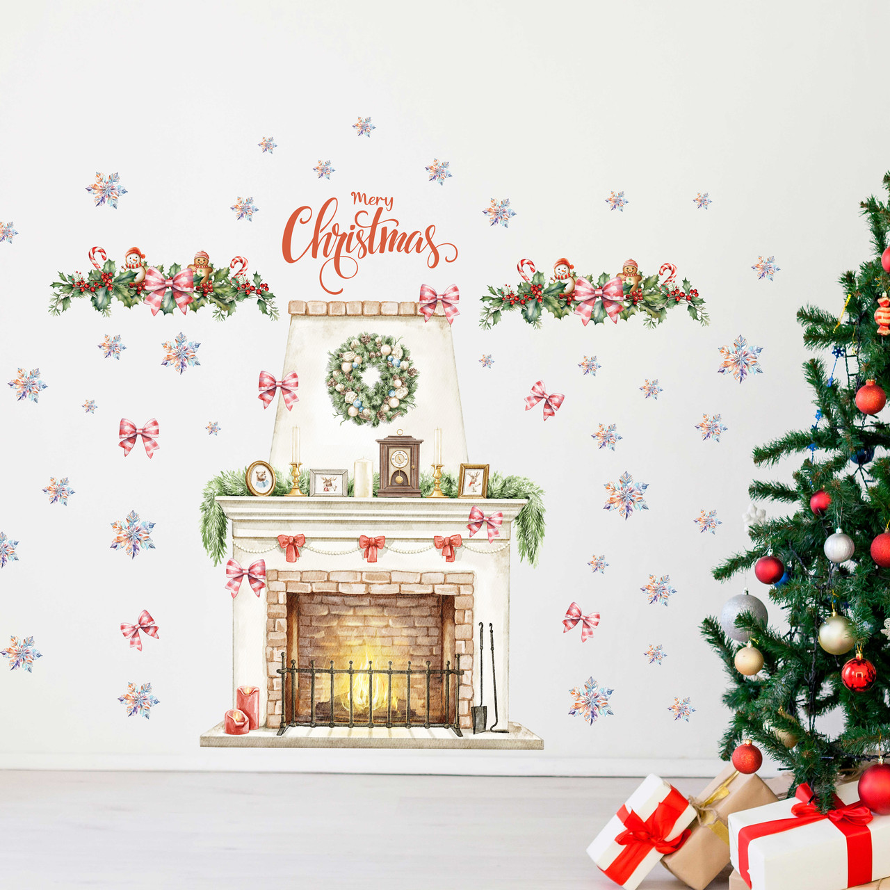 Новорічні наклейки прикраси Різдвяний камін прикраси сніжинки декор стін Набір 1100х1000мм матова, фото 1