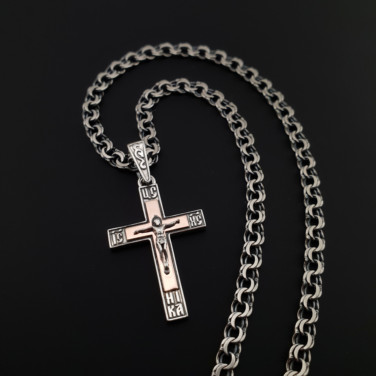 Срібна цепочка з хрестиком чоловіча з накладками золота. Хрестик срібло з золотом і ланцюг бісмарк. Довжина 60 см, фото 1