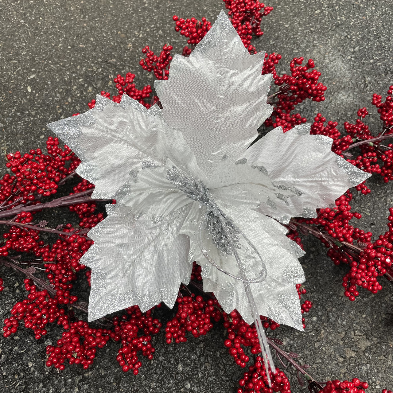 Новорічний декор. пуансетія 25 см срібло, фото 1