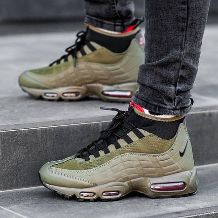 Чоловічі термокросівки Nike 95 Sneakerboot Green Khaki Найк 95 Снікерсбут високі Хакі термошкарпетка єврозима, фото 1