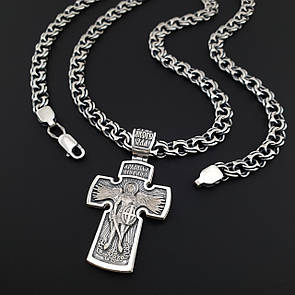 Срібна цепочка з хрестиком чоловіча. Двосторонній срібний хрестик Архангел Михайло та ланцюжок бісмарк