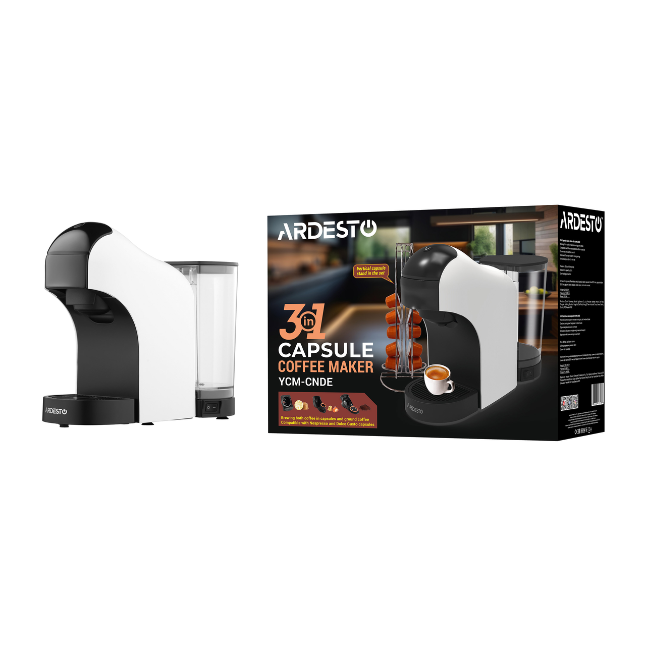 Кофеварка капсульная-молотый кофе 0.8л,ARDESTO капсулы Nespresso, Nescafe Dolce Gusto, сенсорное управление