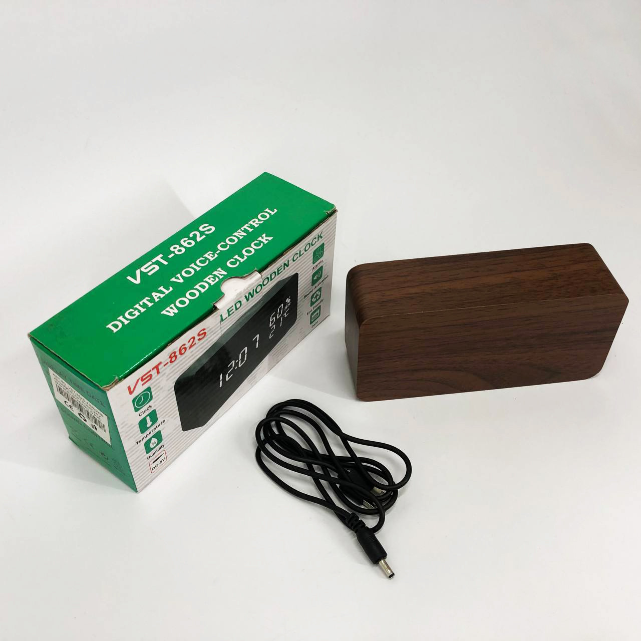 Електронні настільні годинники VST-862S-4 коричневі з зеленим підсвічуванням, з датчиками температури LY-840 та вологості, фото 1