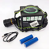 Ліхтар налобний BL-A8-P50, 2 акумулятори 18650, zoom, TY-613 ЗУ microUSB, фото 6