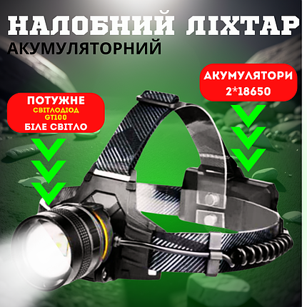 Потужний ліхтар налобний акумуляторний ліхтарик BL-8076 з оптичним зумом і USB Type-C зарядкою, фото 1