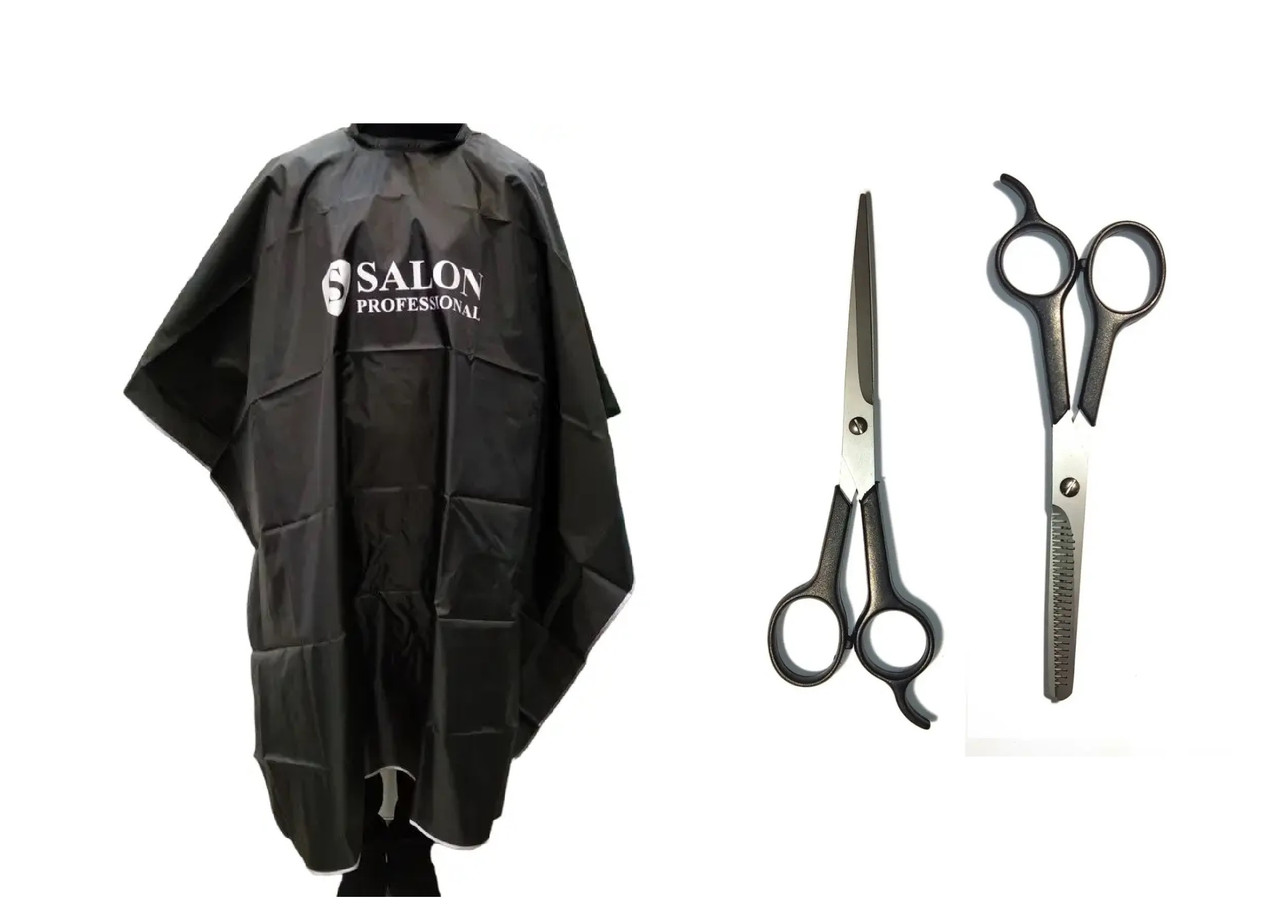 Набір для стрижки пеньюар на гачках, ножиці прямі та філірувальні, фото 1