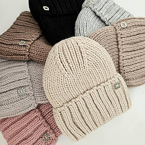 Шапка жіноча на флісі Товста в'язка широкий відворіт з'ємна фурнітура