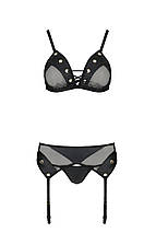 Комплект білизни Passion NESSY SET L/XL black, бюстгальтер, пояс для панчіх, стрінги, фото 3