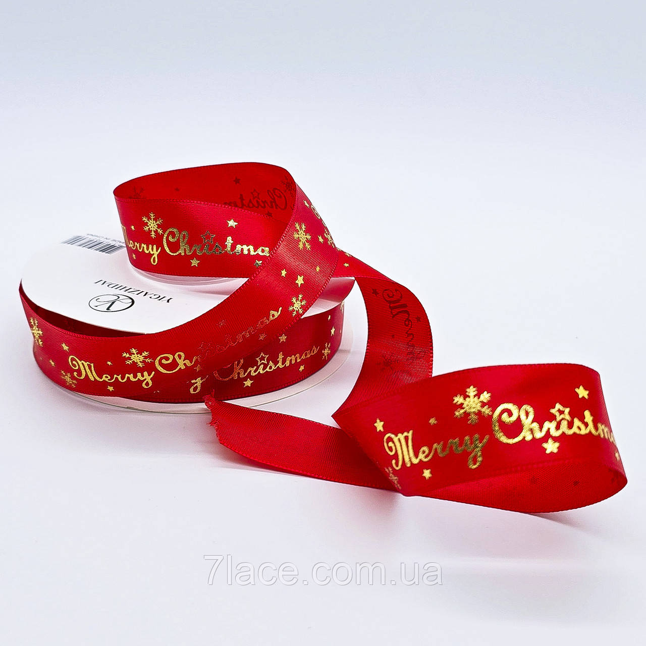 Стрічка атласна з принтом Merry Christmas / колір ЧЕРВОНИЙ / ширина 2,5 см / замовлення від 1 метра, фото 1