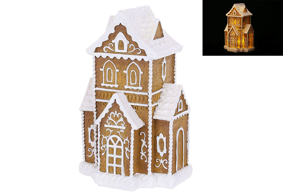 Декоративна фігура Пряниковий будиночок із підсвіткою LED 10*8*16 см, колір — імбирно-коричневий з білим, фото 1