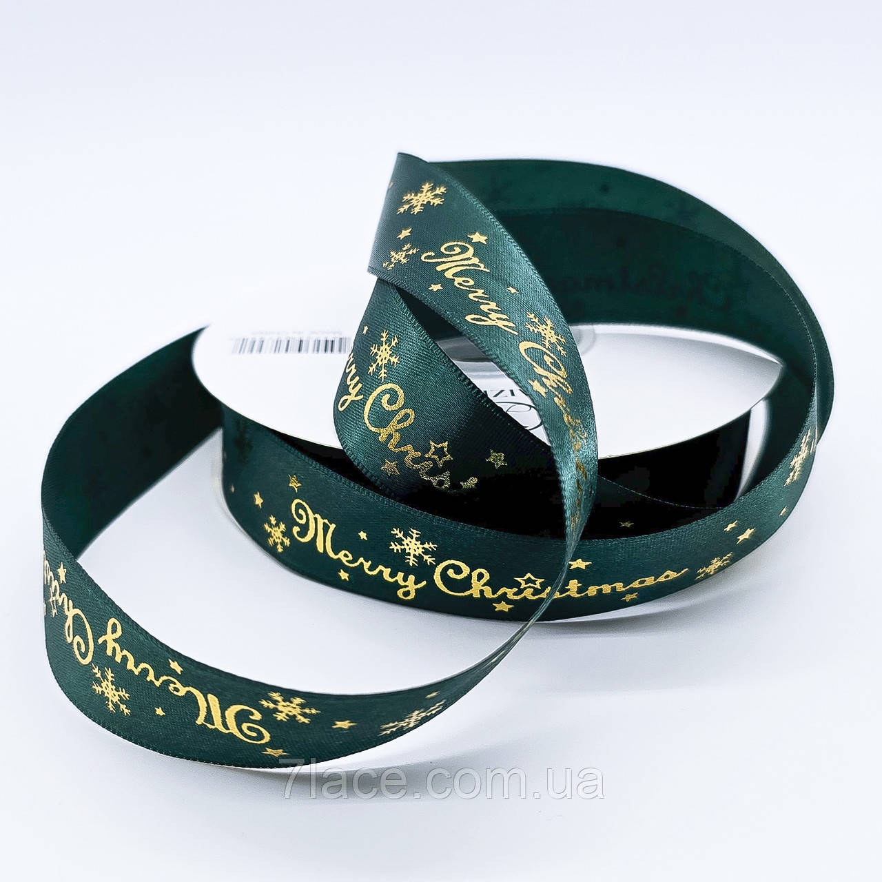 Стрічка атласна з принтом Merry Christmas / колір ЗЕЛЕНИЙ / ширина 2,5 см / замовлення від 1 метра, фото 1
