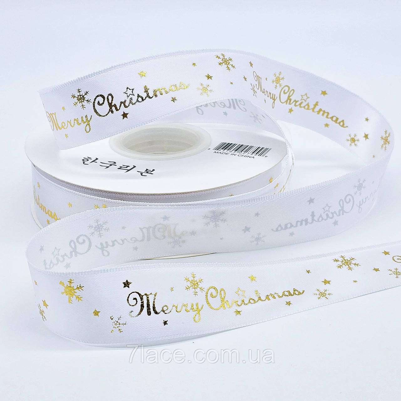 Стрічка атласна з принтом Merry Christmas / колір БІЛИЙ / ширина 2,5 см / замовлення від 1 метра, фото 1