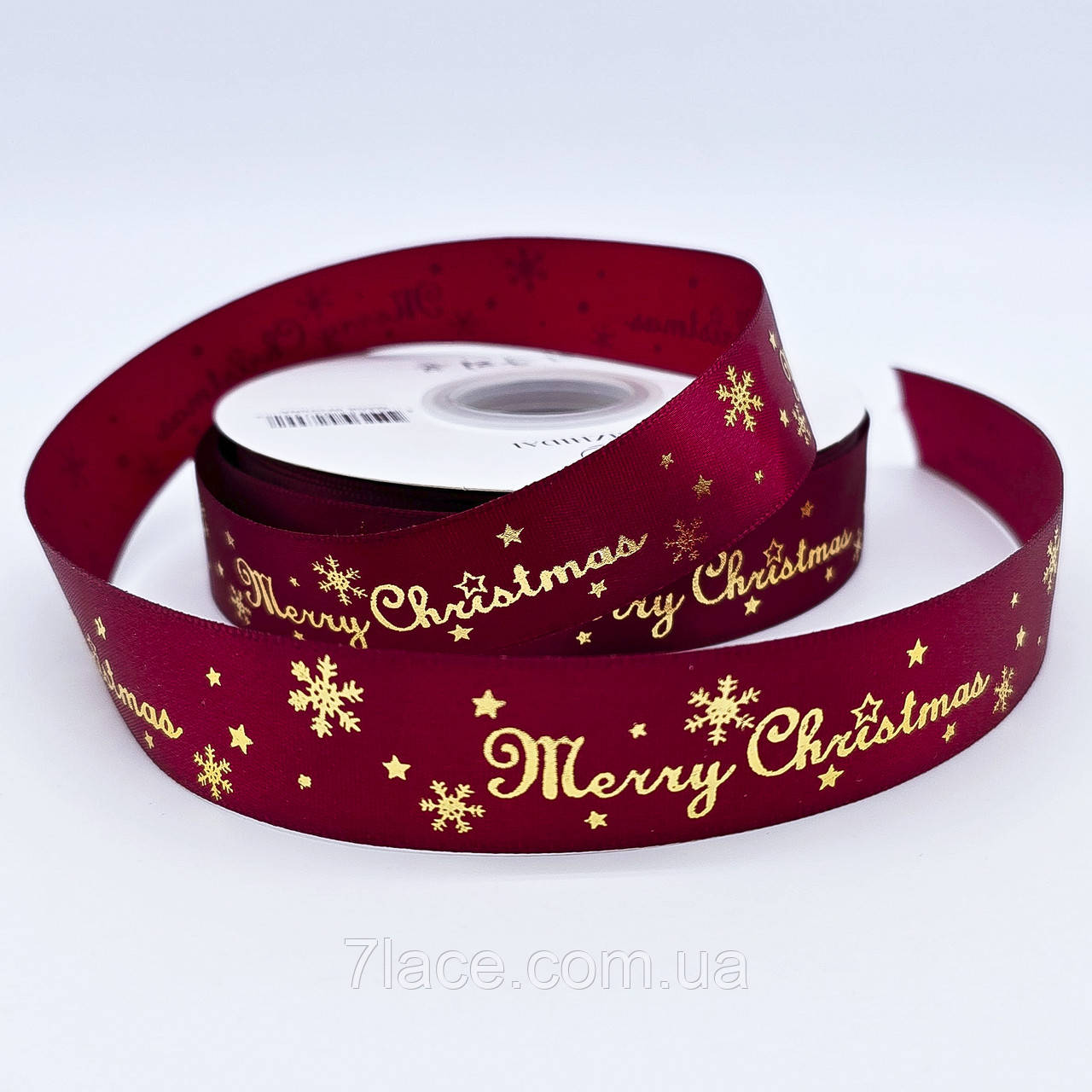 Стрічка атласна з принтом Merry Christmas / колір БОРДОВИЙ / ширина 2,5 см / замовлення від 1 метра, фото 1