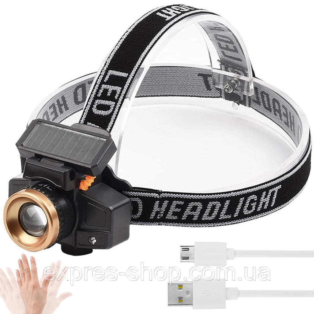 Налобний ліхтар із сонячною панеллю / Акумуляторний ліхтарик на голову / Водонепроникний ліхтарик, фото 1