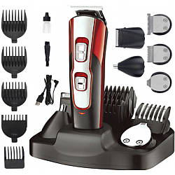 Машинка для стрижки 10в1 GM-592, Червона / Універсальна електробритва-триммер з насадками / Акумуляторна бритва