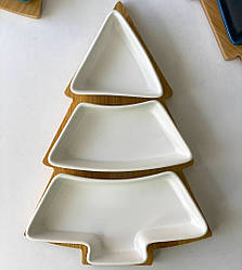 Соусниця 3-секційна “Біла Ялинка” на дерев’яній підставці керамічна менажниця