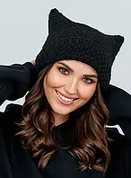 Шапка з вушками кішка шапка-біні на осінь зиму в'язана підліткова чорна