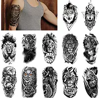 Набір чоловічих тимчасових тату розмір 21*12 перекладні тату лев вовк тату-рукав 12 штук