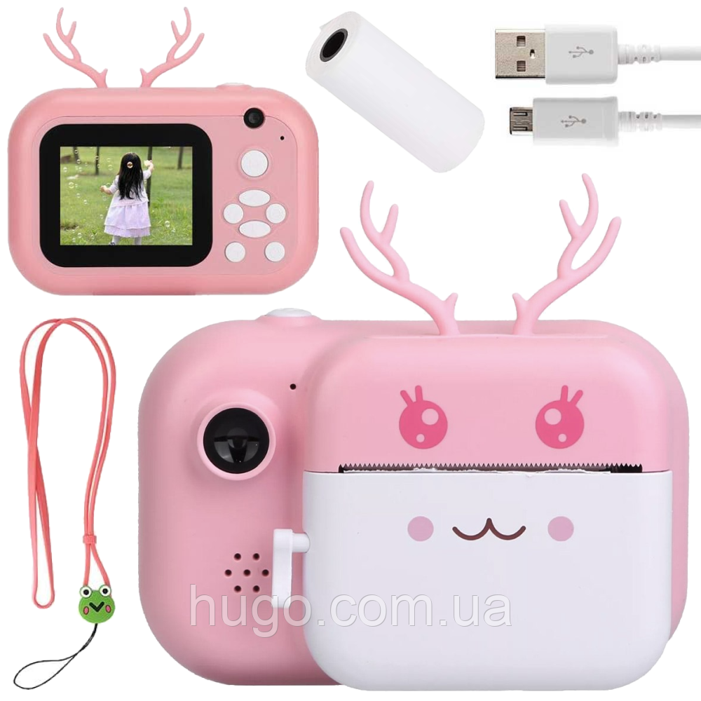 Дитячий фотоапарат з миттєвим друком 24Мп, USB + 2 рулона паперу, С11, Рожевий / Цифрова камера для дітей